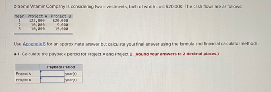 X-treme Vitamin Company is considering two investments, both of which cost $20,000. The cash flows are as follows: Year Proje