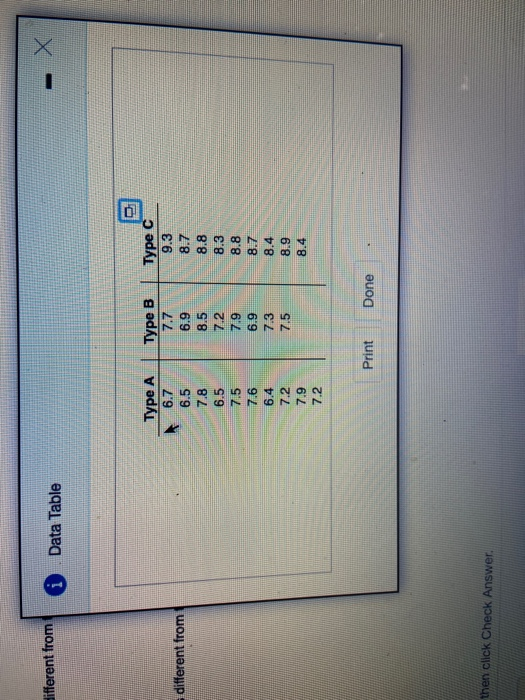 Hifferent from i Data Table Type A 6.7 different from 6.5 7.8 6.5 7.5 7.6 6.4 7.2 7.9 17.2 Type B 7.7 6.9 8.5 7.2 749 6.9 733
