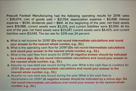 Prescott Football Manufacturing had the following operating results for 2019: sales = $30,074; cost of goods sold = $21,704;