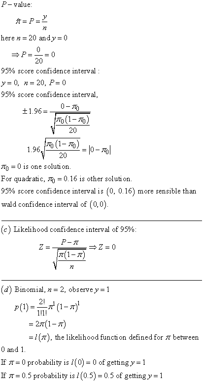 P - value here n - 20 andy 0 20 95% score confidence interval y=0, n= 20, P=0 95% score confidence interval t1.96 而(1-m) 20 1