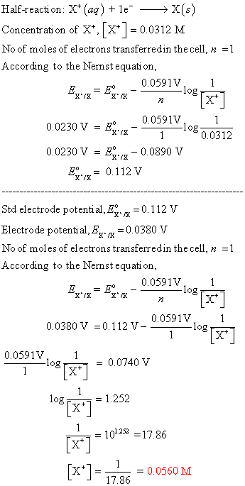 Half-reaction: X* (aq) + le >X(s) Concentrati on of X X0.0312 M No of moles of electrons transferredin the cell, n =1 Accordi