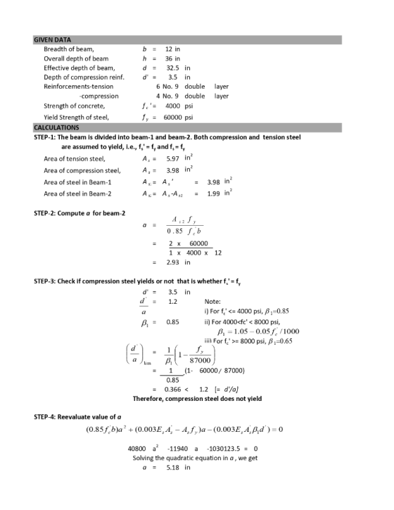 GIVEN DATA Breadth of beam, b = 12 in Overall depth of beam h = 36 in Effective depth of beam, d = 32.5 in Depth of compressi