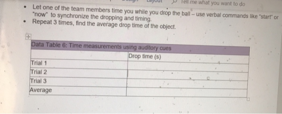 gll Layoul Tell me what you want to do . Let one of the team members time you while you drop the ball- use verbal commands like start or now to synchronize the dropping and timing. Repeat 3 times, find the average drop time of the object. . Data Table 6: Time measurements using auditory cues Drop time (s) Trial 1 Trial 2 Trial 3 Average