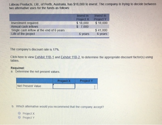 Labeau Products, Ltd., of Perth, Australia, has $18,000 to invest. The company is trying to decide between two altemative uses for the funds as follows: Invest in Invest in Pro $18,000 18,000 $ 7,000 Investment required Annual cash inflows Single cash inflow at the end of 6 years Life of the project $ 41,000 6 years 6 years The companys discount rate is 17%. Click here to view Exhibit 11B-1 and Exhibit 11B-2, to determine the appropriate discount factor(s) using tables Required: a. Determine the net present values Project X Project Y Net Present Value b. Which alternative would you recommend that the company accept? O Project X O Project Y