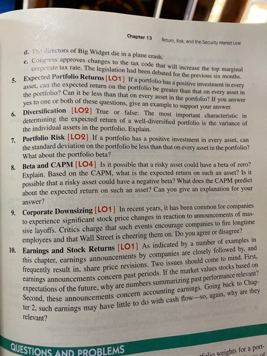Chapter 13 Retum, Risk and the Security Market Line 5. Expected Portfoli d. The directors of Big Widget die in a plane crash.