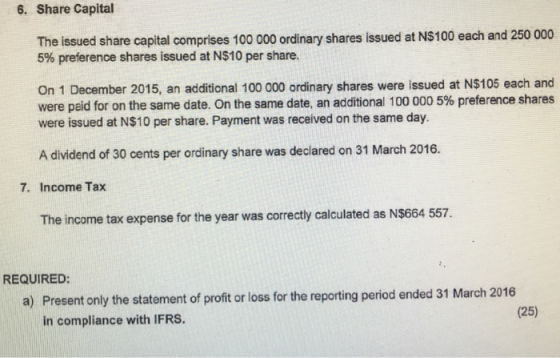 6. Share Capital The issued share capital comprises 100 000 ordinary shares issued at N$100 each and 250 000 5% preference shares issued at N$10 per share. On 1 December 2015, an additional 100 000 ordinary shares were issued at N$105 each and were paid for on the same date. On the same date, an additional 100 000 5% preference shares were issued at N$10 per share. Payment was received on the same day. A dividend of 30 cents per ordinary share was declared on 31 March 2016. 7. Income Tax The income tax expense for the year was correctly calculated as N$664 557 REQUIRED a) Present only the statement of profit or loss for the reporting period ended 31 March 2016 in compliance with IFRS. (25)