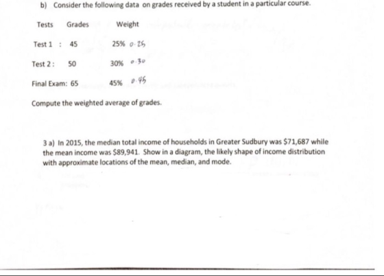 b) Consider the following data on grades received by a student in a particular course. Weight 25% o.zg 3096 o.3c 45% ,45 Tests Grades est145 Test 2 50 Final Exam: 65 Compute the weighted average of grades 3a) In 2015, the median total income of households in Greater Sudbury was $71,687 while the mean income was $89,941. Show in a diagram, the likely shape of income distribution with approximate locations of the mean, median, and mode.