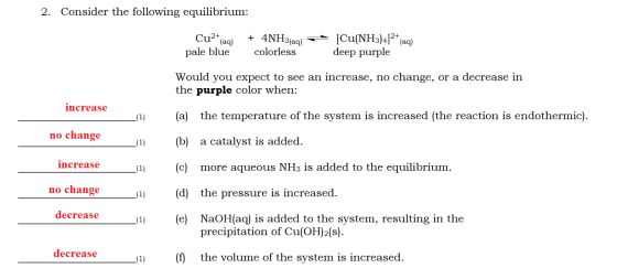 2. Consider the following equilibrium: Cu2+(aq) pale blue + 4NH3(aq) +[Cu(NH3)4]2+ (aq) colorless deep purple Would you expec