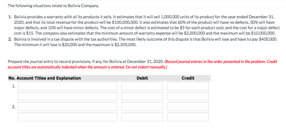 The following situations relate to Bolivia Company. 1. Bolivia provides a warranty with all its products it sells. It estimat