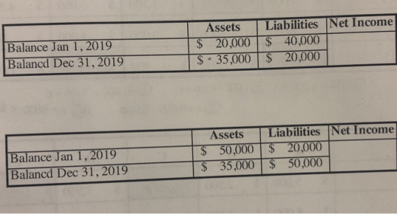 Balance Jan 1, 2019 Balancd Dec 31, 2019 Assets $ 20,000 $ 35,000 Liabilities Net Income $ 40,000 $ 20,000 Balance Jan 1, 201
