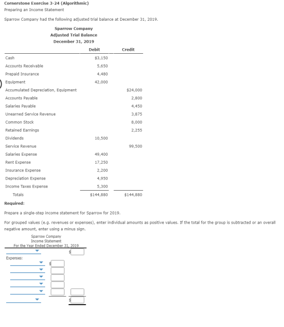 Cornerstone Exercise 3-24 (Algorithmic) Preparing an Income Statement Sparrow Company had the following adjusted trial balanc