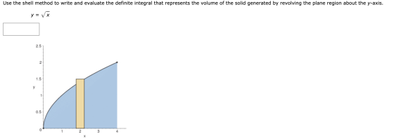 Use the shell method to write and evaluate the definite integral that represents the volume of the solid generated by revolvi