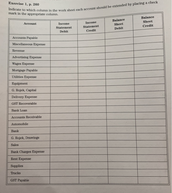 Exercise 1, p. 260 Indicate to which column in the work sheet ea mark in the appropriate column. the work sheet each account