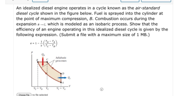 An idealized diesel engine operates in a cycle known as the air-standard diesel cycle shown in the figure below. Fuel is spra