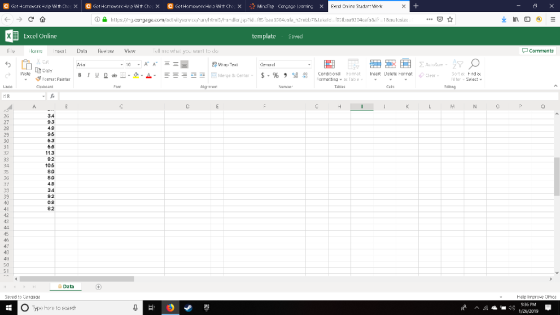 Excel Online templateSaved Fle A-i Comments Peste Geterel Fan Algmem Filter-Select 3.4 9.3 48 95 5.3 68 113 S2 10.5 8.0 8.0 48 3.4 9.2 0.8 8.2 31 10 12 15 47 Data Help liproe Ohc :36 PM % 1/26/2019
