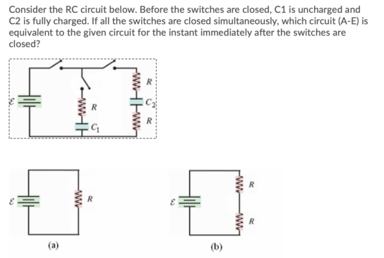 Consider the RC circuit below. Before the switches are closed, C1 is uncharged and C2 is fully charged. If all the switches a