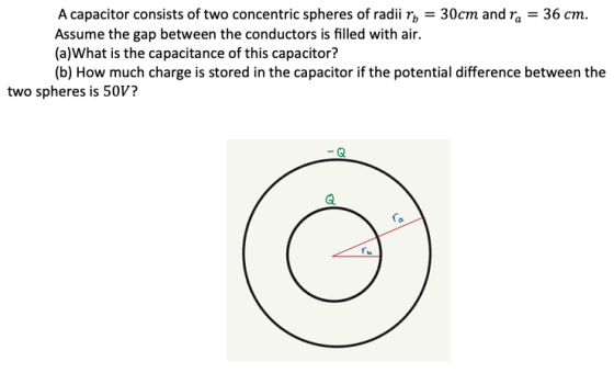 = A capacitor consists of two concentric spheres of radii rý = 30cm andra 36 cm. Assume the gap between the conductors is fil
