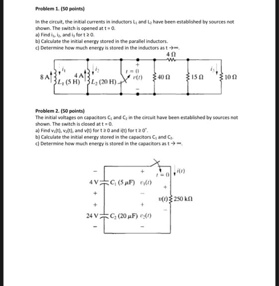 Problem 1. (50 points) In the circuit, the initial currents in inductors L1 and L2 have been established by sources not shown