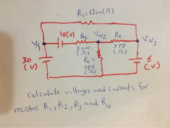 R, = 1200(2) locul Roz علم له R3 Spo 378 3ooo (2) Ry= 30 (u) 789 (2) J&us Calculate voltages and currents for resistors R., R