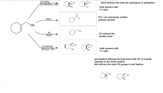 11 OsO [2] NaHSO3, H2O Os04 delivers the both the hydrogens in synfashion both isomers with 1:1 ratio PCC can selectively oxi