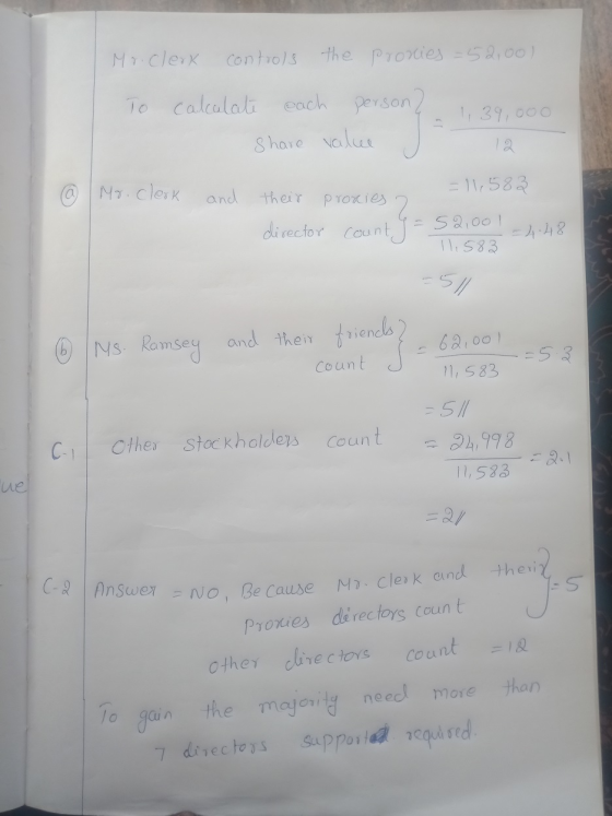 Mr. Clerk controls the proxies = 52,00) To calculate each person? 139,000 Share value 12 @ Mo. clerk and = 11,583 their proxi