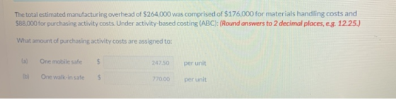 The total estimated manufacturing overhead of $264.000 was comprised of $176,000 for materials handling costs and $88.000 for
