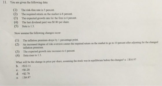 11. You are given the following data: (1) (2) (3) (4) (5) The risk-free rate is 5 percent. The required return on the market