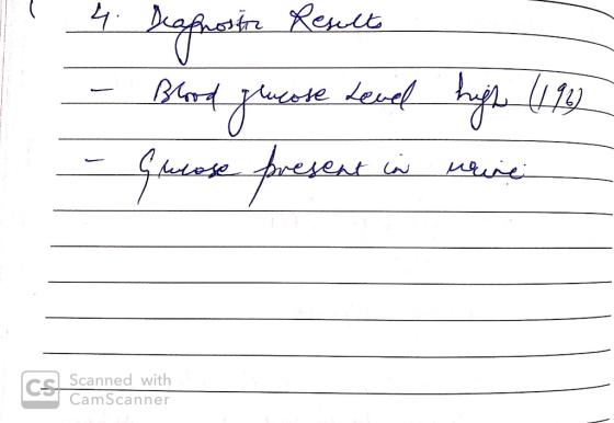 1 4 . - - Deaprostor Results Blood glucose level high (1942 Grease present in urine cs Scanned with CamScanner