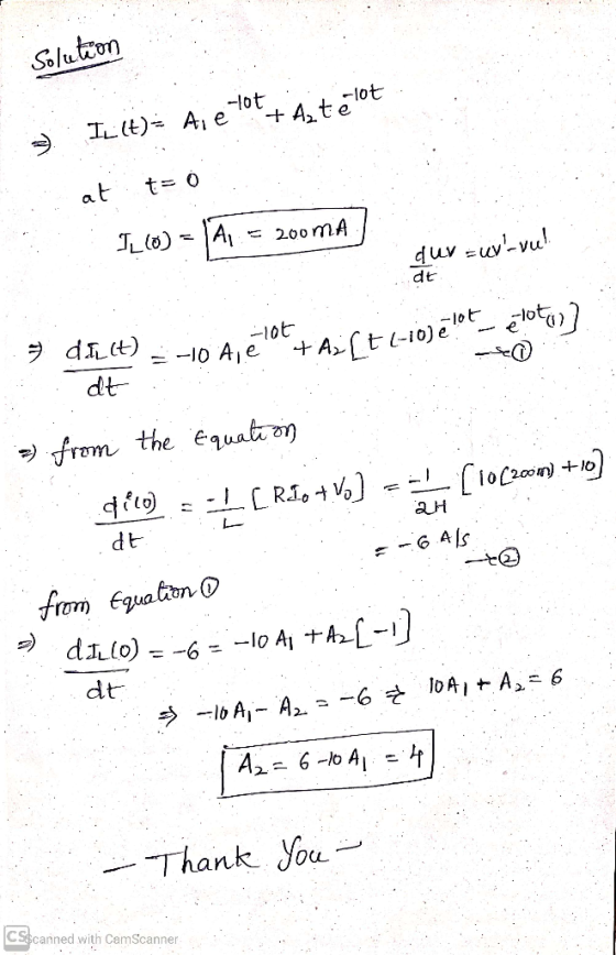 Solution + A, tēlot. Illt)= fie at t=0 2 . I_60) = A = 200mA quv = wy-vue! dt 9 db) = -10 A 2104+A; [ Lioeloe.color] AH = -6