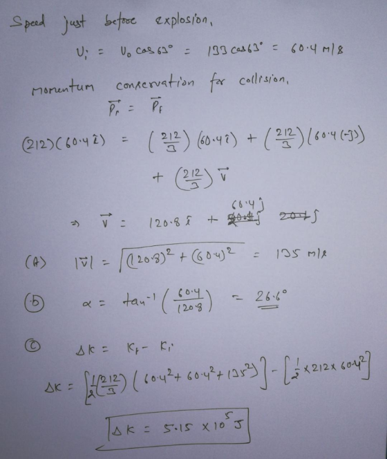 Speed just before explosion, U = U. cas 67° = 133 cas6° = 60.4 M/8 Momentum conservation for collision, 6614 (212)C60.4 2) =