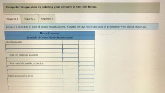 Complete this question by entering your answers in the tabs below. Required 1 Required 2 Required 3 Prepare a schedule of cos