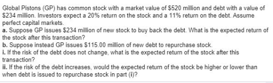 Global Pistons (GP) has common stock with a market value of $520 million and debt with a value of $234 million. Investors exp