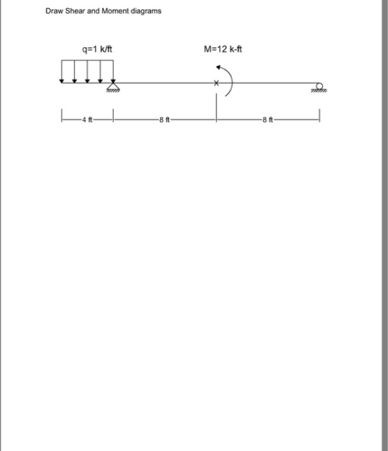 Draw Shear and Moment diagrams q-1 k/ft M=12 k-ft 8 ft 8 ft