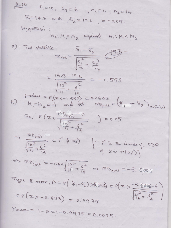 0,=10, 52=6 n, Fll, n2 = 14 5 = 14.3 and =19.6 = 0,05 Hypothess : HoiM, FM2 against H,: M, CM2 a) Test statistic 5,- ła Zobs