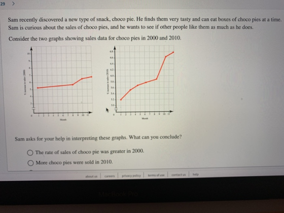 29> Sam recently discovered a new type of snack, choco pie. He finds them very tasty and can eat boxes of choco pies at a time. Sam is curious about the sales of choco pies, and he wants to see if other people like them as much as he does. Consider the two graphs showing sales data for choco pies in 2000 and 2010 5.8 5.2 Sam asks for your help in interpreting these graphs. What can you conclude? 。The rate of sales of choco pie was greater in 2000 O More choco pies were sold in 2010. about us careers privacy policy terms of use contact ushelp