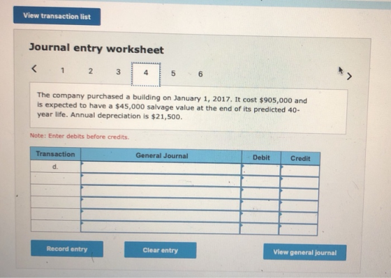 View transaction list Journal entry worksheet < 1 2 3 The company purchased a building on January 1, 2017. It cost $905,000 a