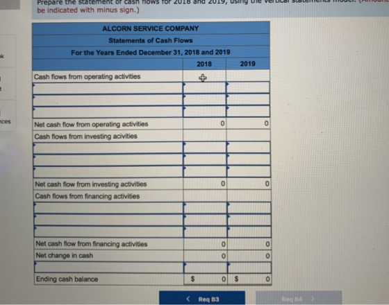 v Prepare the statement of cash Hows Tor 2018 and 2019, usimy uie verlal Salenes vuti. T be indicated with minus sign.) ALCOR