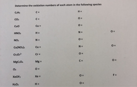 Determine the oxidation numbers of each atom in the following species H= C= C2H4 O = CO2 C= O Cu= CuO O = N = НЕ HNO3 N = NO2