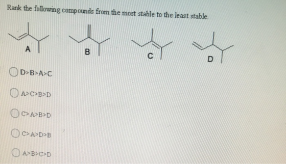 Rank the following compounds from the most stable to the least stable. А B C D D>B>A>C A>C>B>D OC>A>B>D OC>A>D>B A>B>C>D