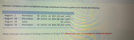 Jammer Company uses a weighted average perpetual inventory system and reports the following: August 2 August 18 August 29 Aug