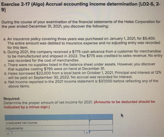 Exercise 2-17 (Algo) Accrual accounting income determination (LO2-5, 2- During the course of your examination of the financia