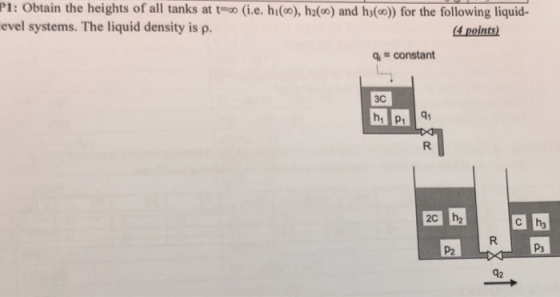 P1 : Obtain the heights of all tanks at t=oo (ie. hi(a),h2(m) and hdo)) for the following liquid- evel systems. The liquid density is ρ. 4 points q, constant 3C hy P2 P3 42