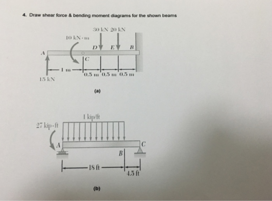 4. Draw shear force & bending moment diagrams for the shown beams 30 kN 20 kN IO kN m DY E 15 kN 1 kip/ft 27 kip.ft 4.5 ft