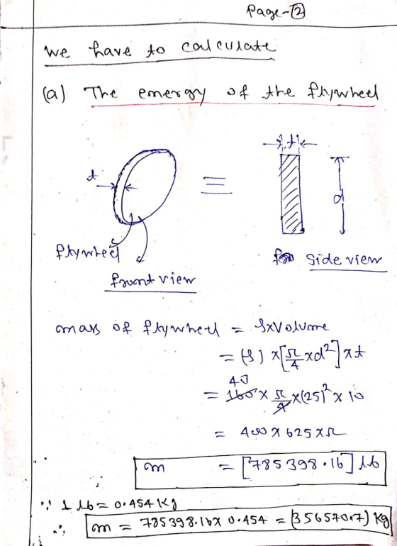 page-12 we have to calculate (a) The energy of the flywheel t = 4 flynteed front view side view mass of flywheel = SxVolume =