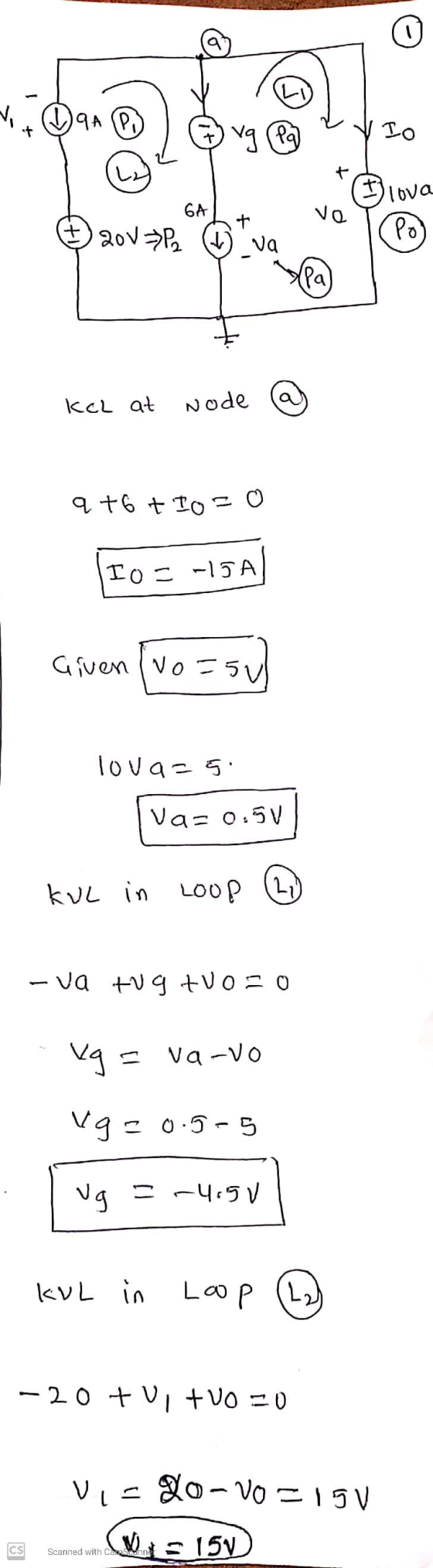 No D9A PO Vg Pa Io L lova GA ve 20V=>P2 V + va Po (Pa Kch at node q+6 + to=0 IOS -5A Given vo=50 =su lova=s. Va=0.5 V kuL in
