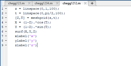 x + NO IIIIIIIII HomeworkLib123.m x HomeworkLib1234.m X HomeworkLib1212. m z = linspace (0,1,100); t = linspace(0, pi/2,100); [2,T] = meshgrid(