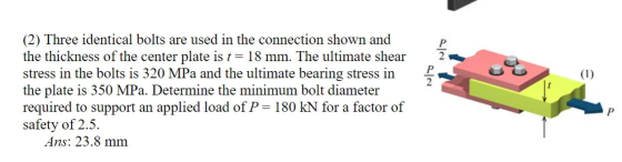 ein (2) Three identical bolts are used in the connection shown and the thickness of the center plate is t = 18 mm. The ultima