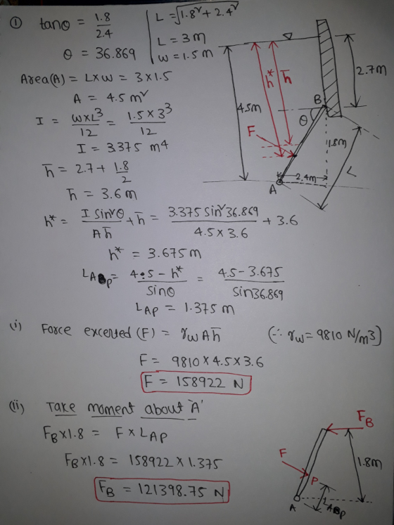 - 不ㄧ不-不-- 12 12 In 万ニ 2.1+ 1.8 万= 3.6m + 3.6 A万 4.S x 3.6 N = 3.675m :5- 4S 3.63s Sin36.8g A Sino F 810X 4.Sx 3.6 | = 1 58922 N i) Take moment abous A FB x 1.8 = F x LAP te = 121398.75 N