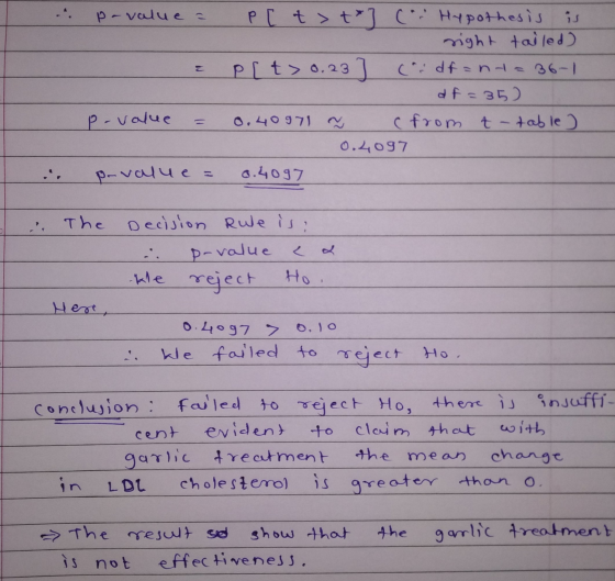 P-value = P [t>t>] (Hypothesis is right tailed) p[t> 0.23 ] (idfant=36-1 df=35) 0.40971 ~ from t-table) 0.4097 0.4097 P-valu