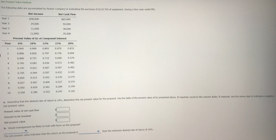 Net Present Value Method The following data are accumulated by Paxton Company in evaluating the purchase of $119,700 of equip